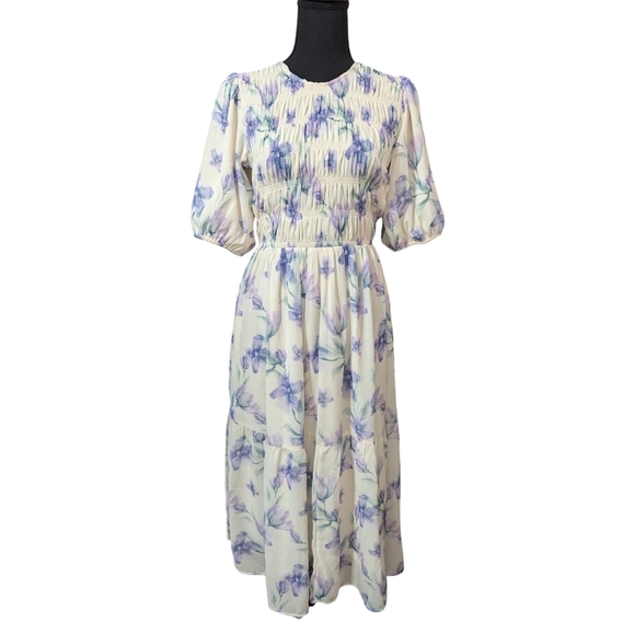 Polagram Women’s Chiffon Floral Watercolor Midi Belted Dress Smocked Bodice S - Picture 2 of 12